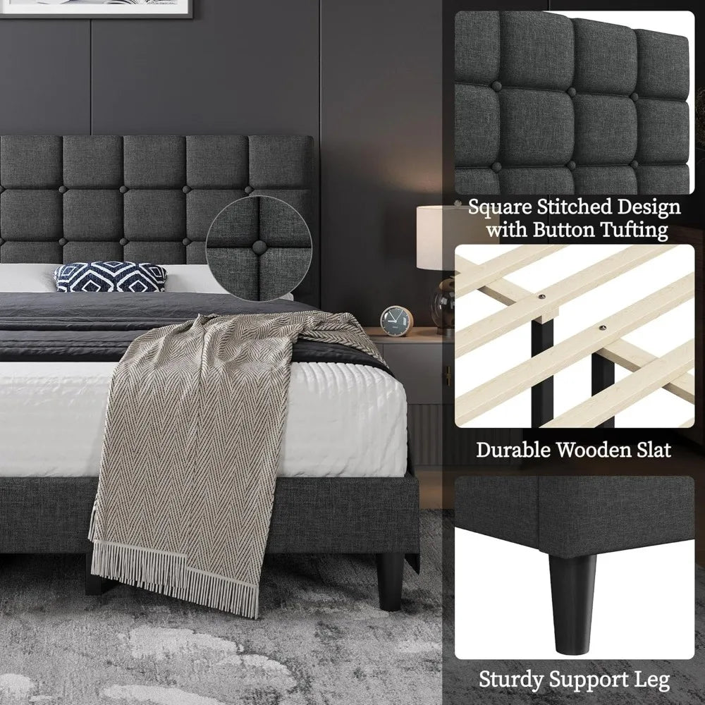 Upholstered Bed Frame, Modern Queen Bed Platform with Square Stitched&Button Tufting Headboard Height Adjustable