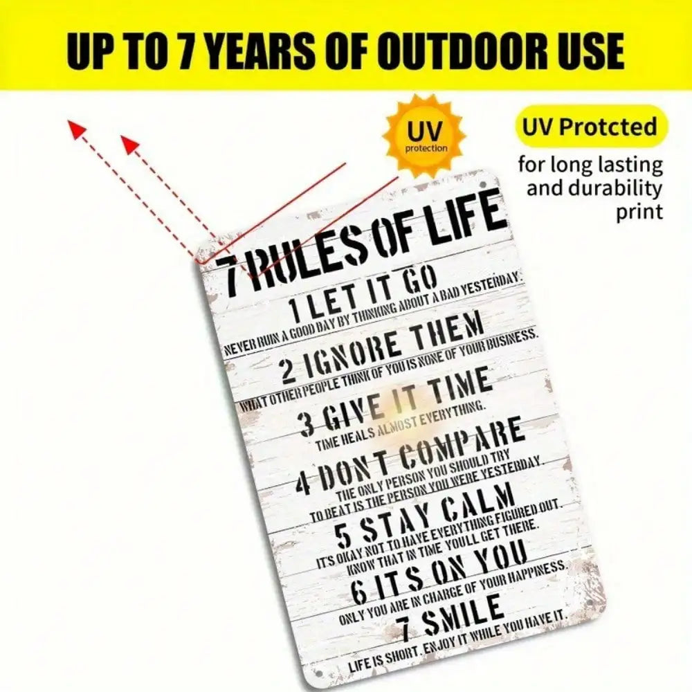 1PC Motivational Tin Sign - "7 Rules of Life" Classic Text Design for Home & Office Decor, High-Quality Metal Gift