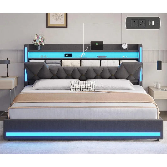 King Size Bed Frame with LED Lights and Charging Station for Modern Bedrooms Hidden Storage Space and 2Tier Shelves Upholstered