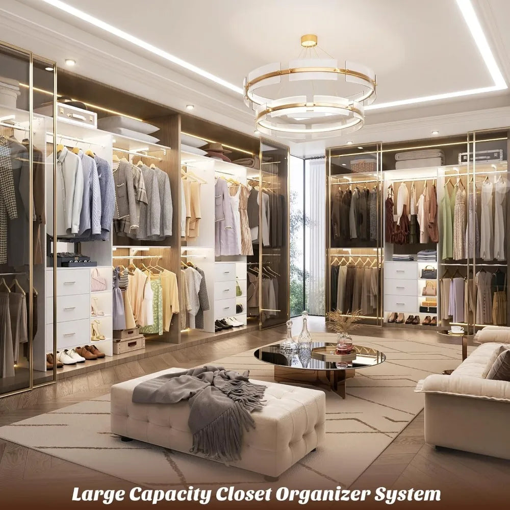 Aheaplus Closet System, Closet Organizer with 3 Wooden Drawers, 8FT Closet Organizer System, 96’’ Walk-in Closet Wardrobe Clothe