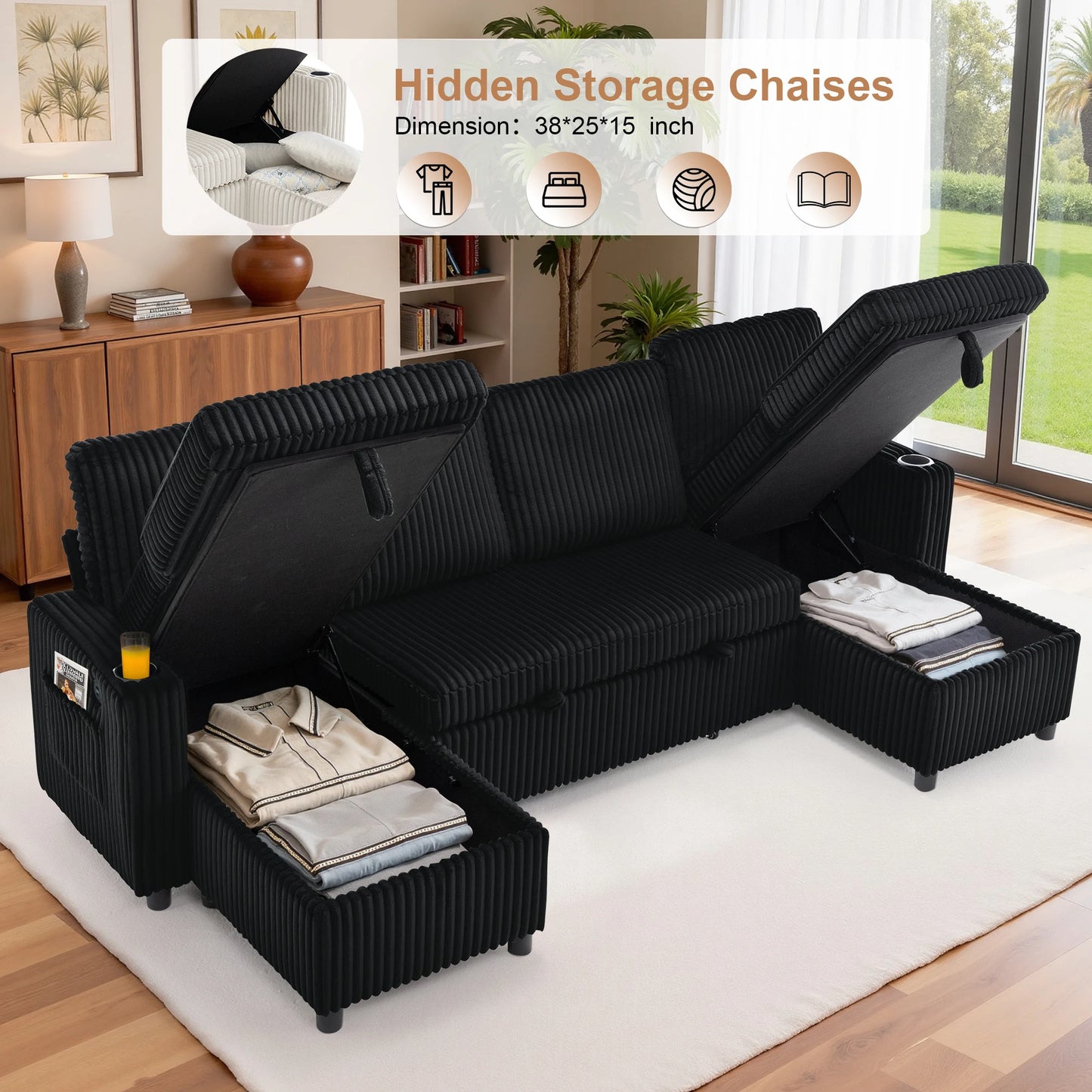 102" Plush Corduroy Sleeper Sofa Bed with Storage Chaise Sectional Couch,Pull Out U Shaped Bed with USB Ports for Living Room