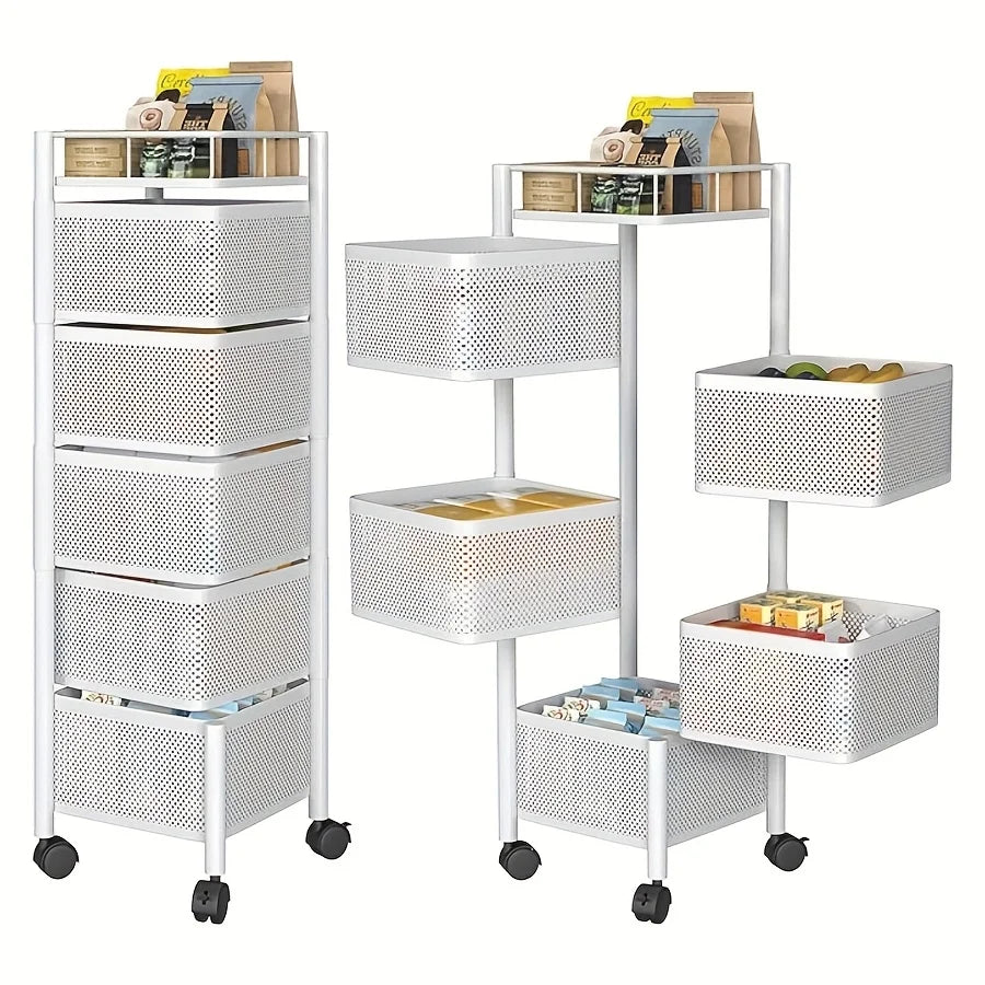 Kitchen Storage Shelf, Rotating 5-Tier Metal Fruit Vegetable Basket, Multi-Layer Storage Trolley on Wheels