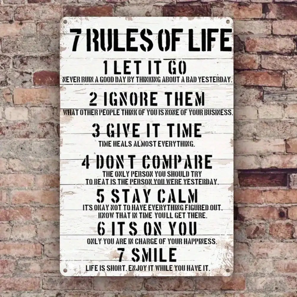 1PC Motivational Tin Sign - "7 Rules of Life" Classic Text Design for Home & Office Decor, High-Quality Metal Gift