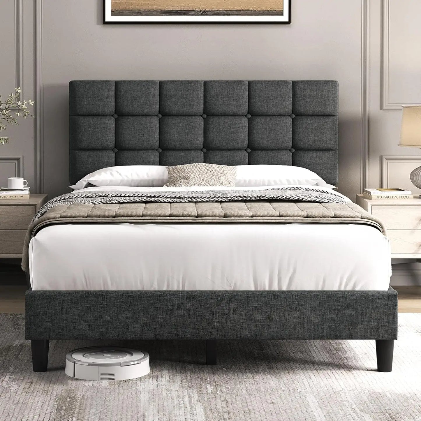 Upholstered Bed Frame, Modern Queen Bed Platform with Square Stitched&Button Tufting Headboard Height Adjustable