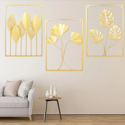 3-Piece Gold Home Decor Wall Leaf Ornaments, Leaf Pattern Wall Hanging Decor Set, Suitable for entryways, bedrooms, and hotels