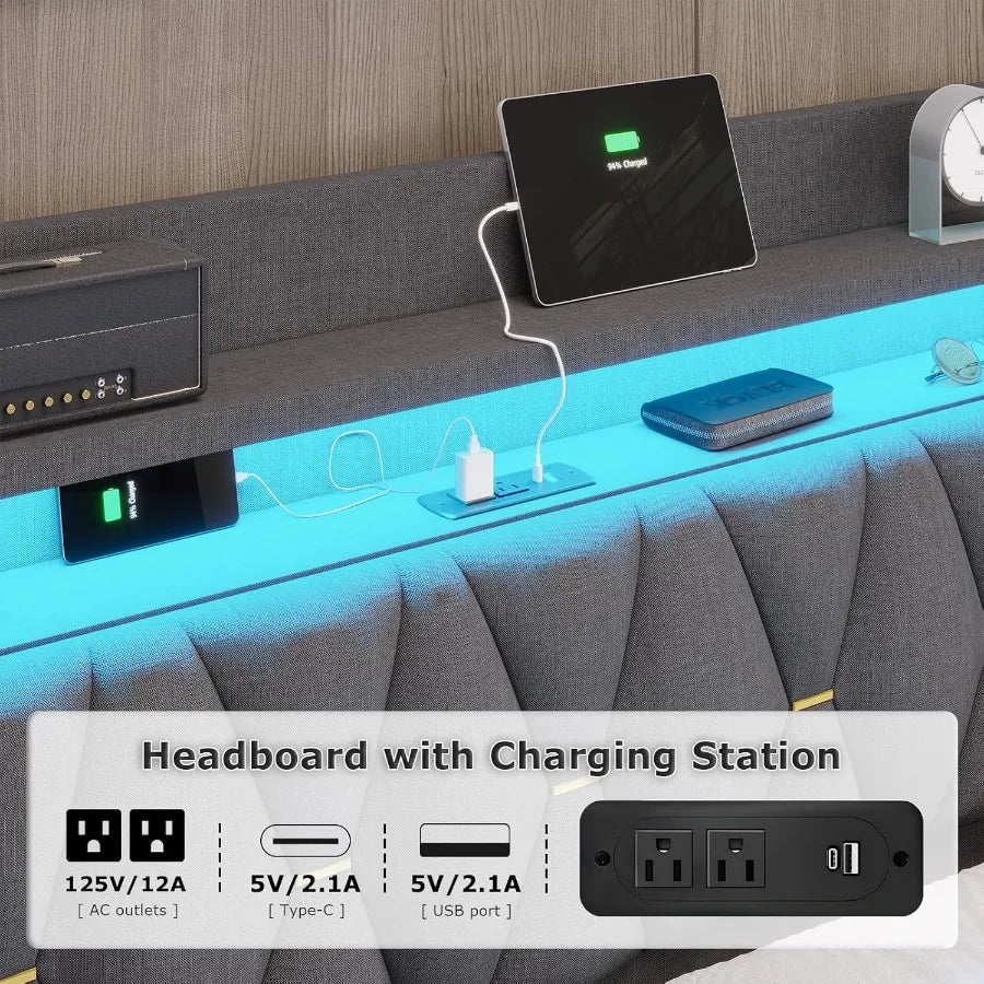 King Size Bed Frame with LED Lights and Charging Station for Modern Bedrooms Hidden Storage Space and 2Tier Shelves Upholstered