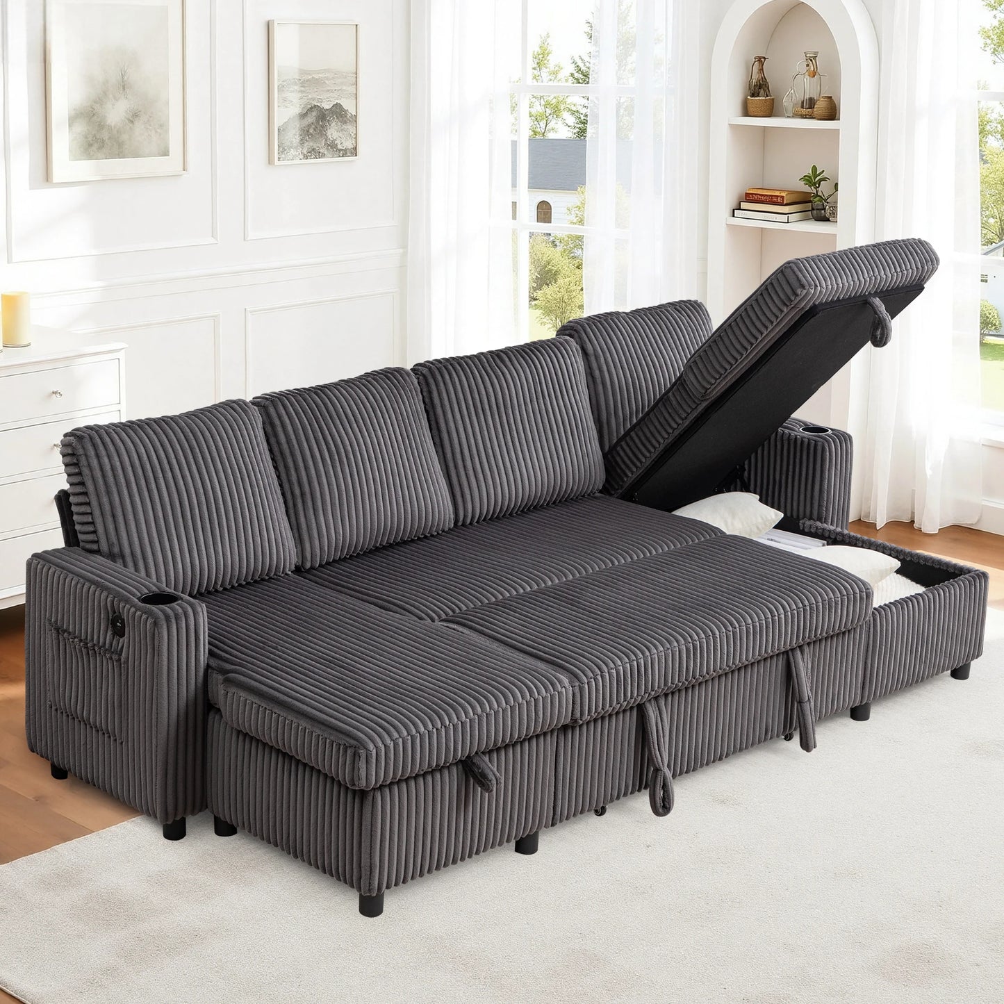 102" Plush Corduroy Sleeper Sofa Bed with Storage Chaise Sectional Couch,Pull Out U Shaped Bed with USB Ports for Living Room