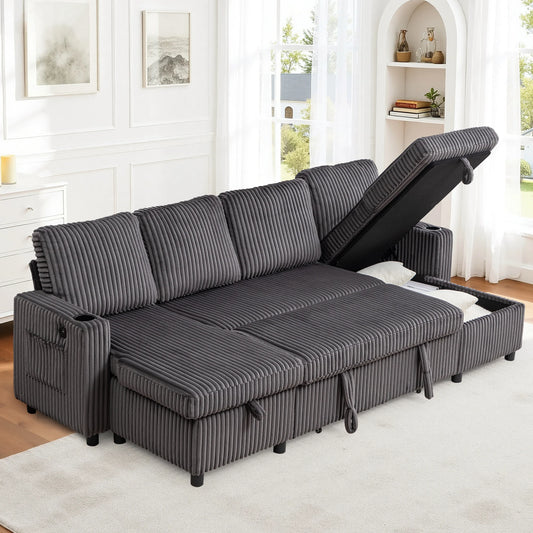 102" Plush Corduroy Sleeper Sofa Bed with Storage Chaise Sectional Couch,Pull Out U Shaped Bed with USB Ports for Living Room