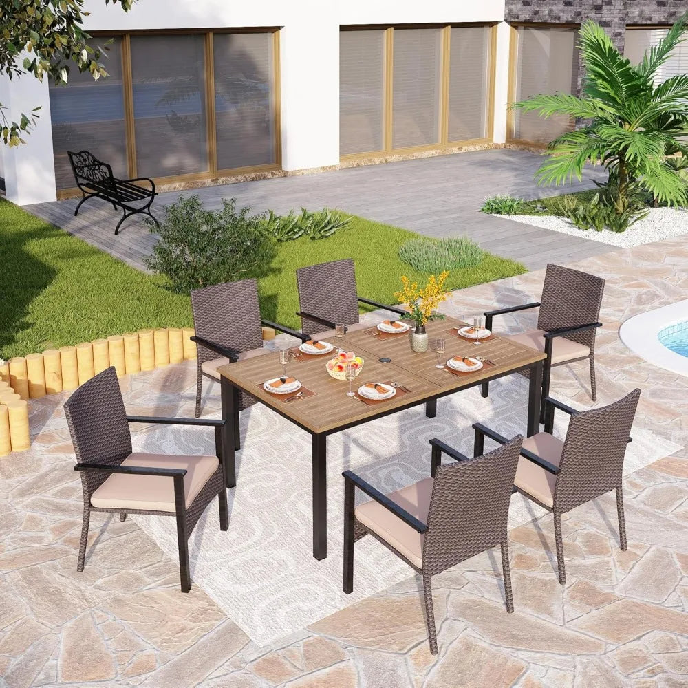 64 Rectangle Outdoor Dining Table, Patio Furniture Wood-Like Tabletop with Umbrella Hole for Patio Lawn Backyard