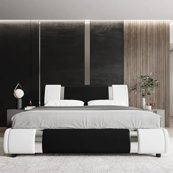 Faux Leather Upholstered Platform Bed Frame with Golden Iron Metal Decor, Adjustable Curved Headboard, Wooden Slats,Customized