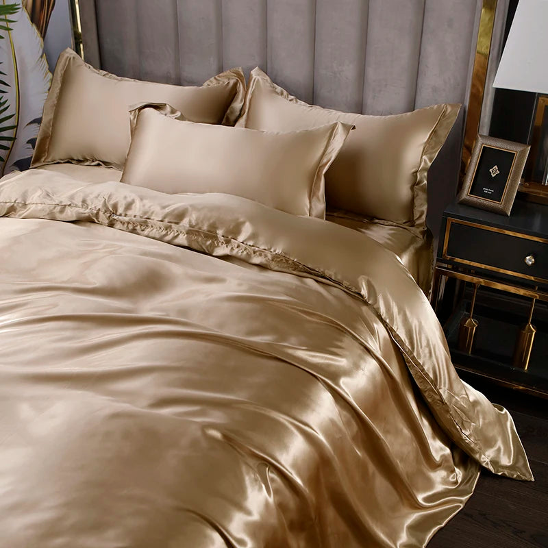 Solid Silk Bedding Set with Bed Sheet Duvet Cover Pillowcase Satin Single Couple Bedsheet King Queen Double Twin Size