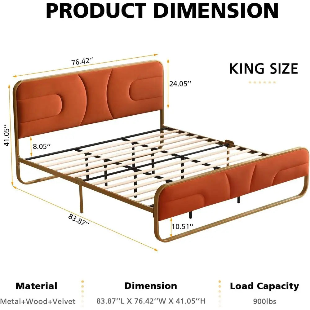 King Size Velvet Upholstered Platform Bed with Headboard,Modern Rounded MetalDesign upported by Metal Base and Wooden,Customized