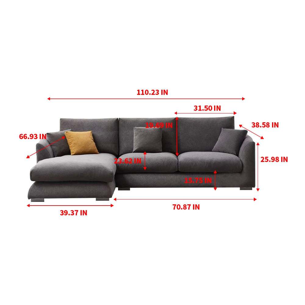 Cloud Down Filled Chaise Sofa Living Room Sofa L-shaped Recliner Sofa Comfortable Cloud Sofa Linen Sofa Removable Washable