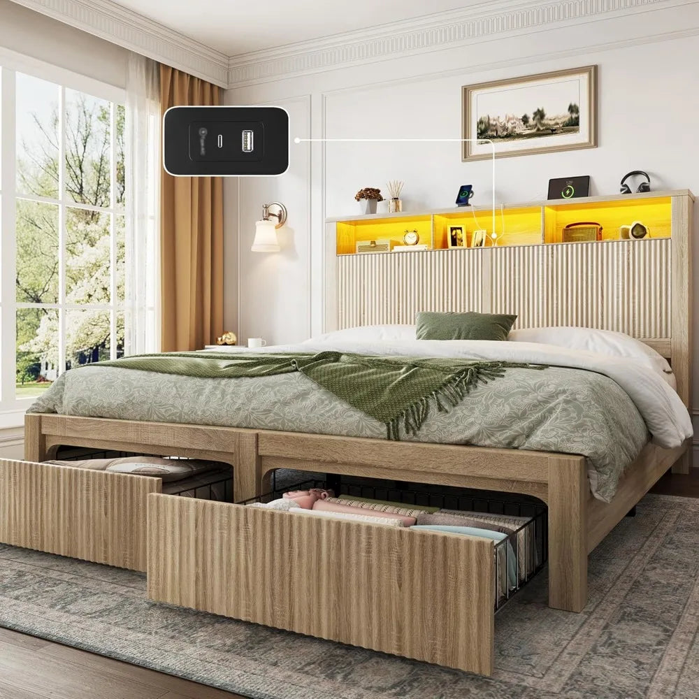 Bed Frame with Headboard and Storage Drawers, Bed Frame with LED Light and Charging Port, Wavy Wood Grain Design