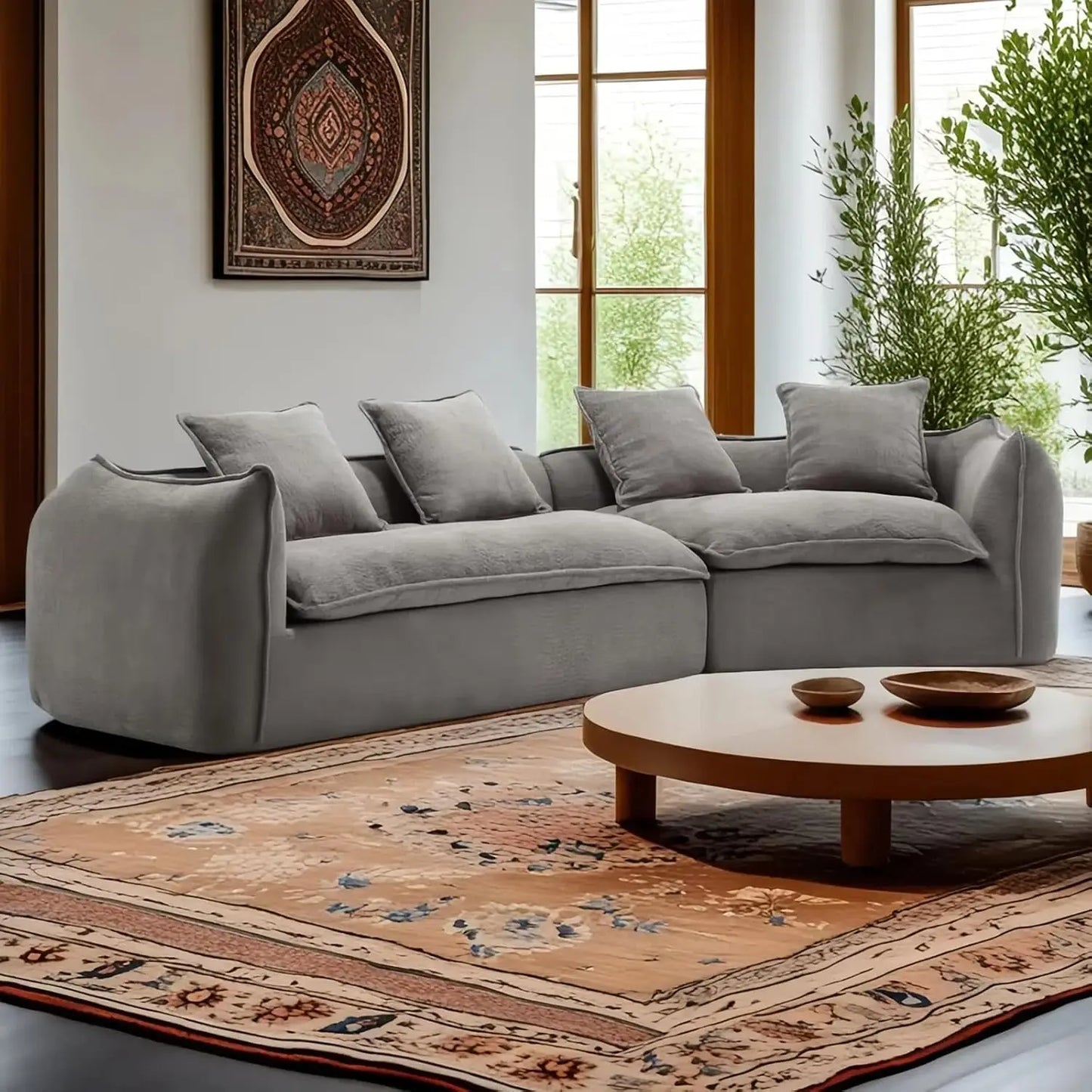 129.9" Modular Sectional Sofa with 4 Throw Pillow, Fabric Modern 5 Seat Round Shaped Convertible Sofa for Living, Customized