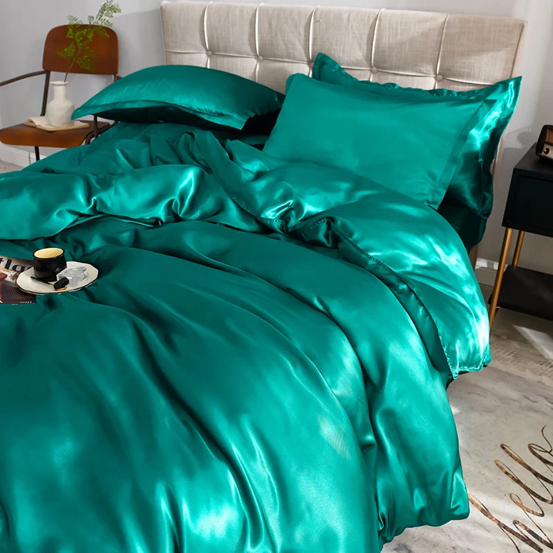 Solid Silk Bedding Set with Bed Sheet Duvet Cover Pillowcase Satin Single Couple Bedsheet King Queen Double Twin Size