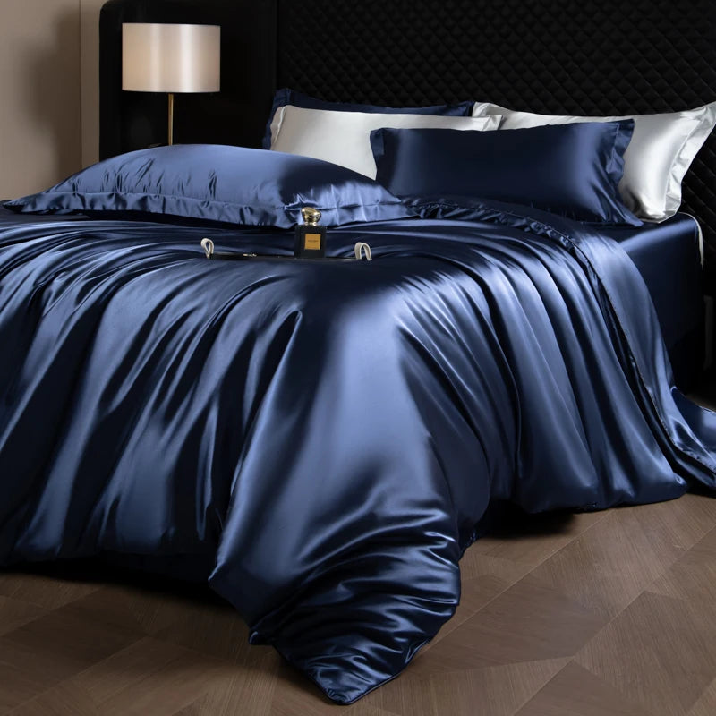 Silk Bed Sheets Set Luxury Bedding Set with Duvet Cover Fitted/Flat Bedheet Pillowcases Mixed with Rayon King Queen Full Twin