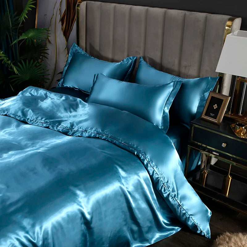 Solid Silk Bedding Set with Bed Sheet Duvet Cover Pillowcase Satin Single Couple Bedsheet King Queen Double Twin Size