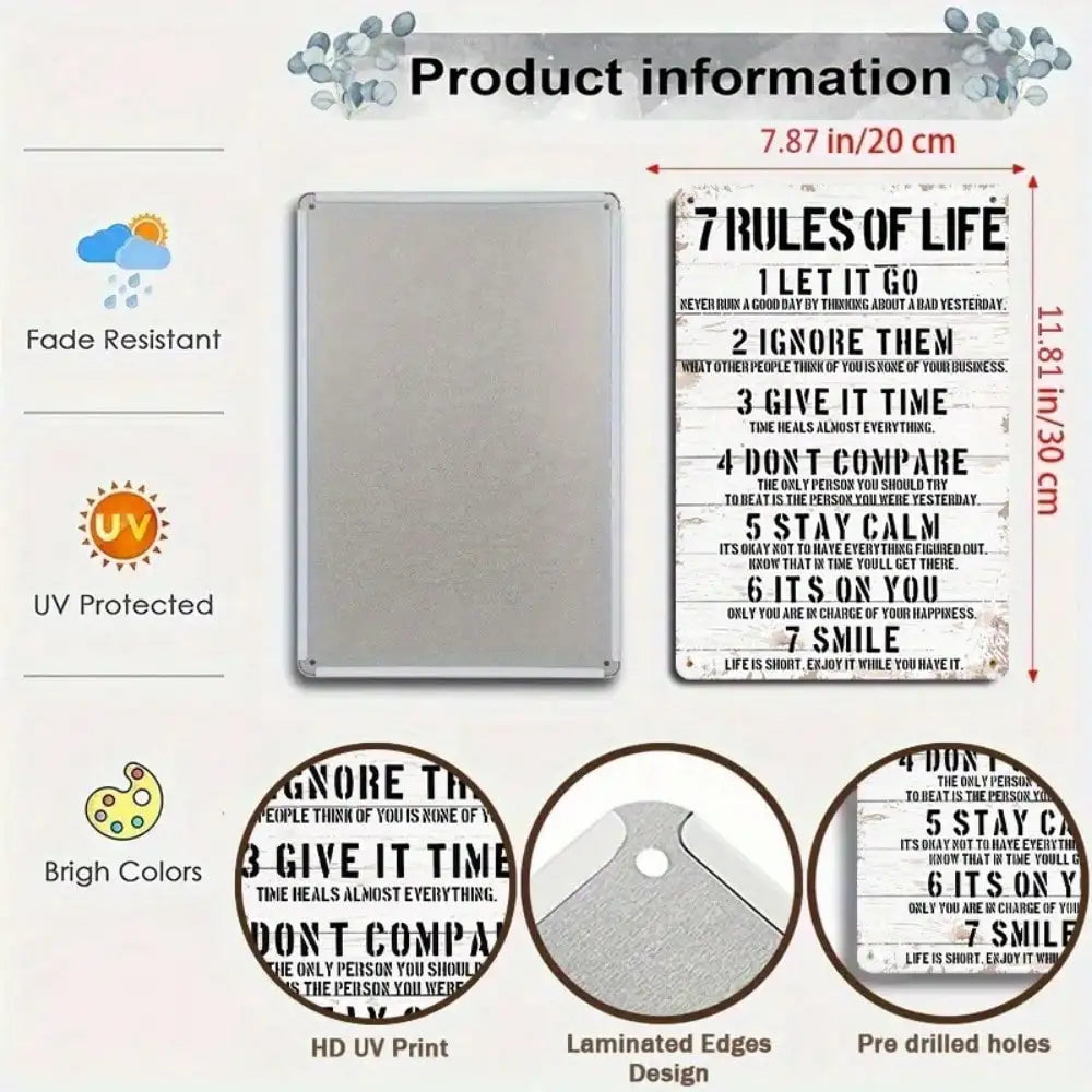 1PC Motivational Tin Sign - "7 Rules of Life" Classic Text Design for Home & Office Decor, High-Quality Metal Gift