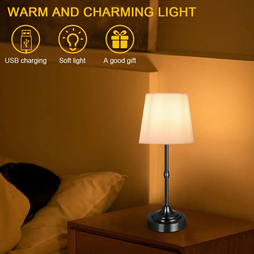 Cordless LED Metal Table Lamp USB Rechargeable Touch Control Portable Fabric Shade Desk Lamp Pleated Decorative Atmosphere Light