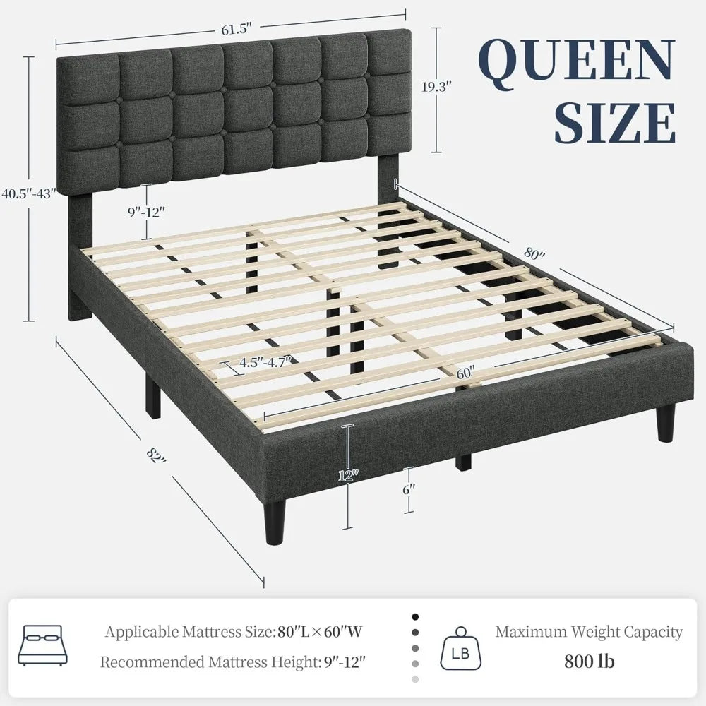 Upholstered Bed Frame, Modern Queen Bed Platform with Square Stitched&Button Tufting Headboard Height Adjustable