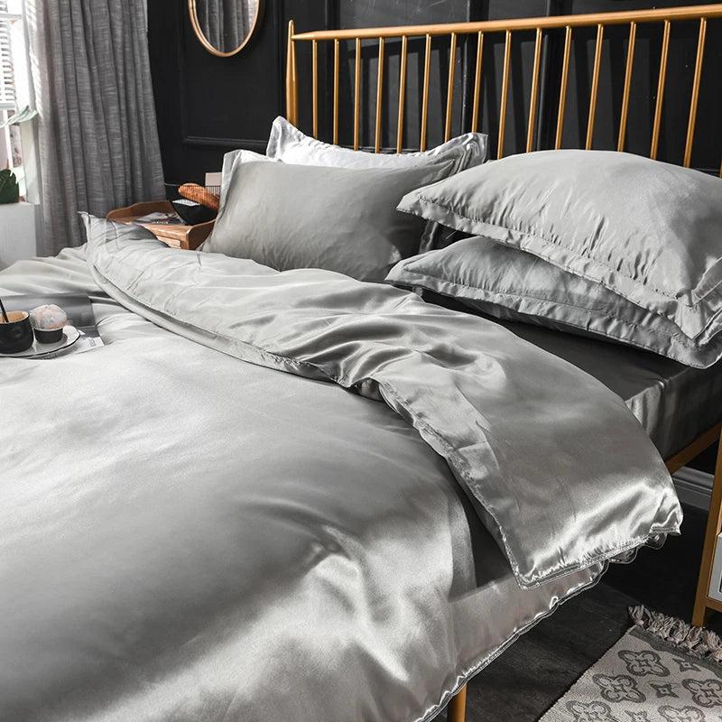 Solid Silk Bedding Set with Bed Sheet Duvet Cover Pillowcase Satin Single Couple Bedsheet King Queen Double Twin Size
