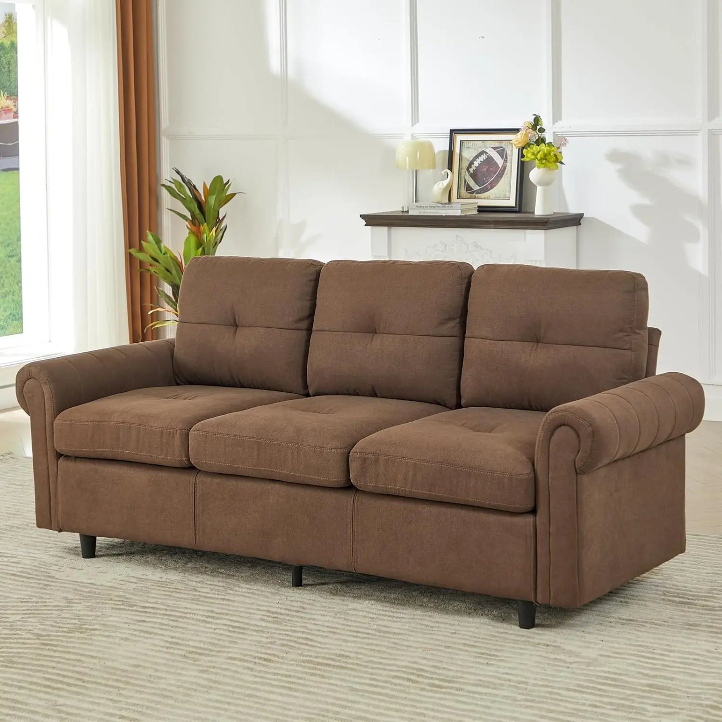 81.1" 3-Seater Fabric Sofa, Modern Brown Living Room Couch with Rolled Arms and Stitch-Tufted Cushions, Comfortable Upholstered