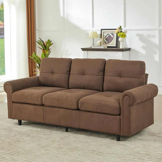 81.1" 3-Seater Fabric Sofa, Modern Brown Living Room Couch with Rolled Arms and Stitch-Tufted Cushions, Comfortable Upholstered