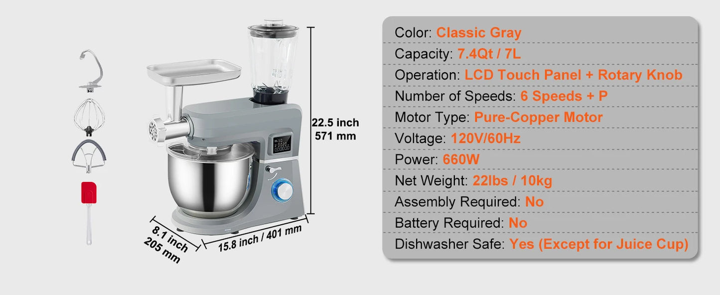 SucceBuy 5 IN 1 Stand Mixer Multifunctional Electric Mixer with 6 Speeds LCD Screen Timing 7.4 Qt Stainless Bowl Dough Hook
