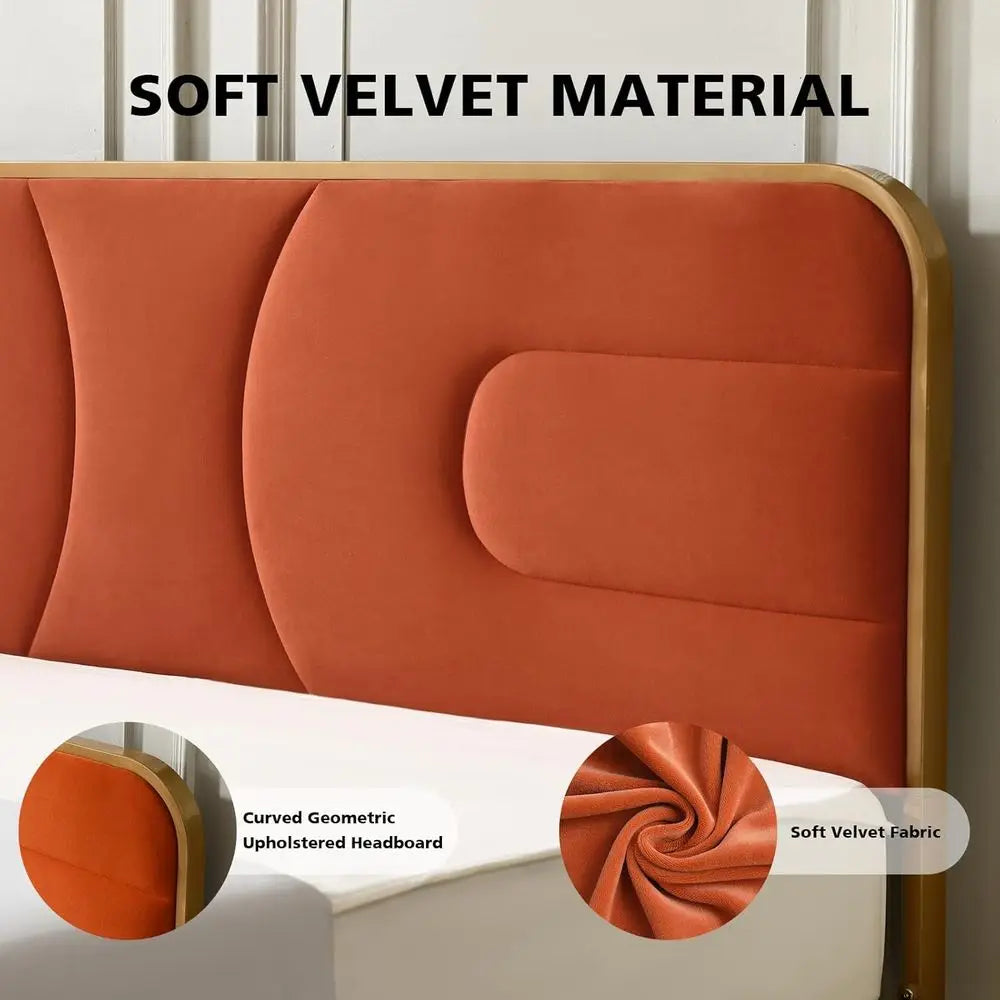 King Size Velvet Upholstered Platform Bed with Headboard,Modern Rounded MetalDesign upported by Metal Base and Wooden,Customized