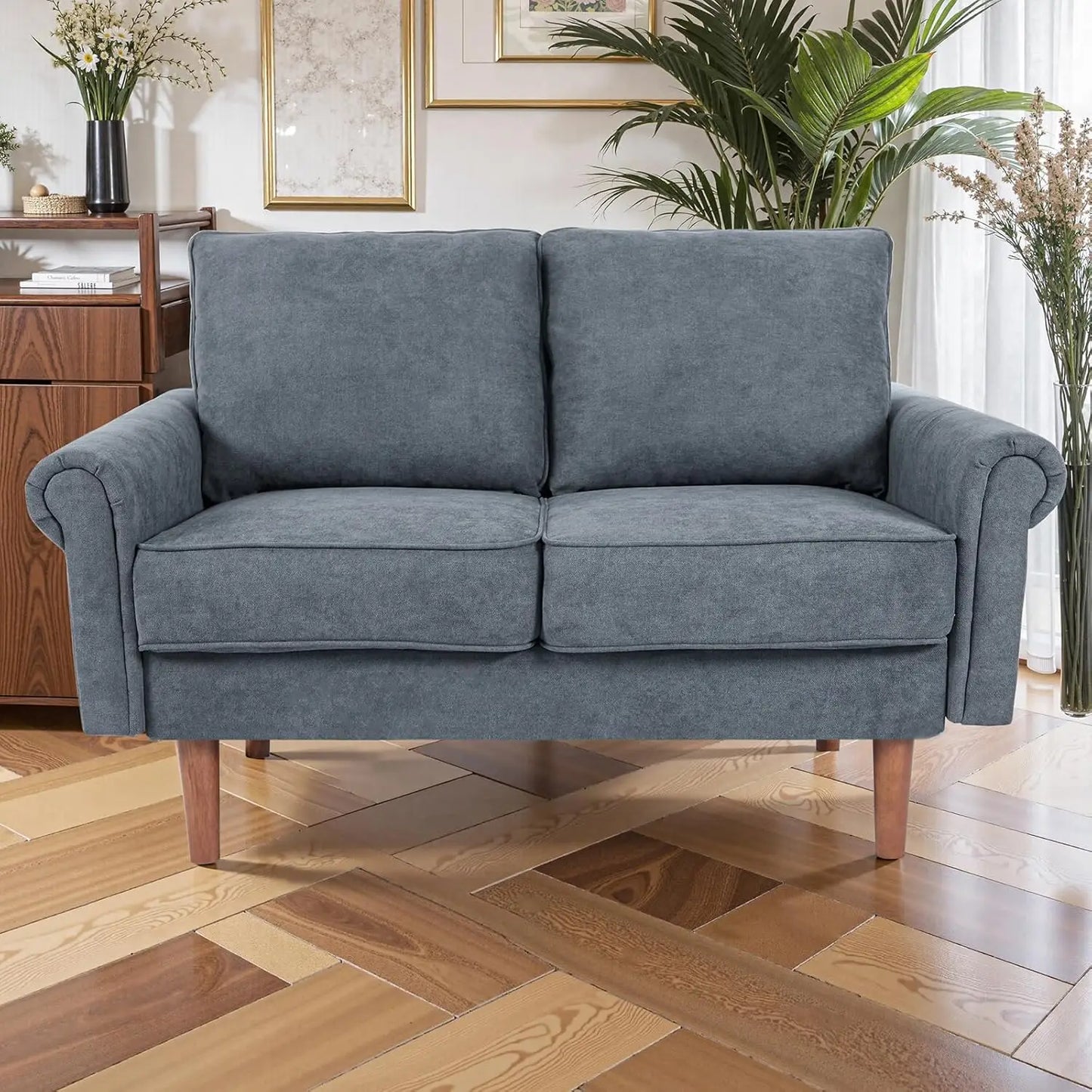 81.1" 3-Seater Fabric Sofa, Modern Brown Living Room Couch with Rolled Arms and Stitch-Tufted Cushions, Comfortable Upholstered