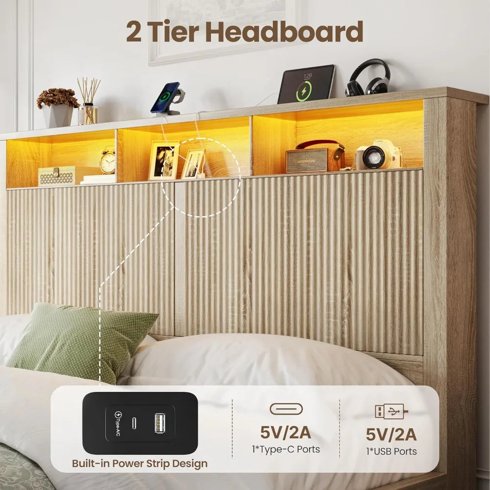 Bed Frame with Headboard and Storage Drawers, Bed Frame with LED Light and Charging Port, Wavy Wood Grain Design