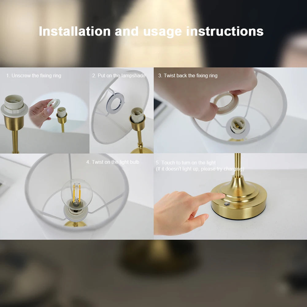 Cordless LED Metal Table Lamp USB Rechargeable Touch Control Portable Fabric Shade Desk Lamp Pleated Decorative Atmosphere Light