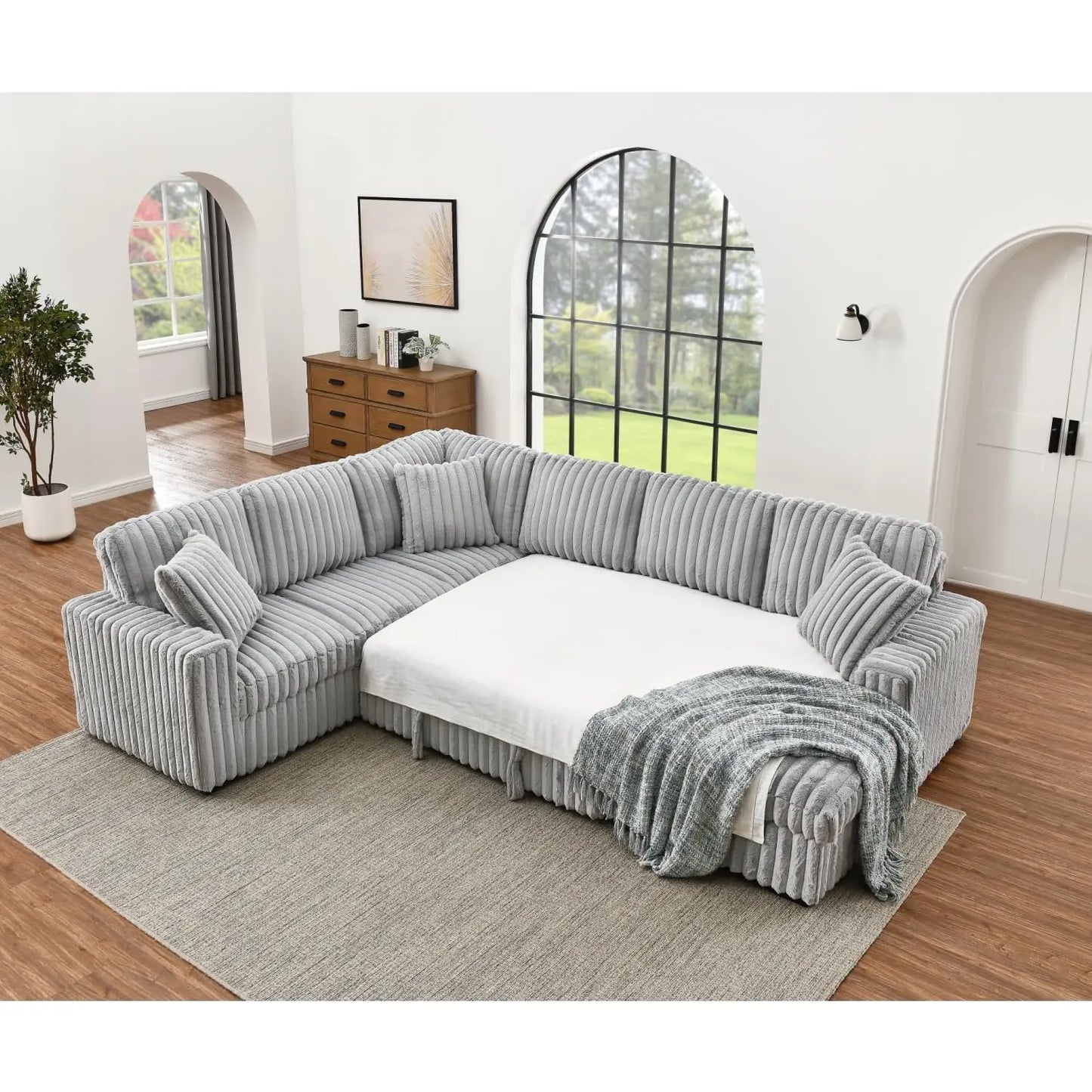 TODRANI 122'' Sectionl Sleeper Sofa, U Shape Sectional Sofa with Pull Out Couch and Storage Chaise&USB Ports