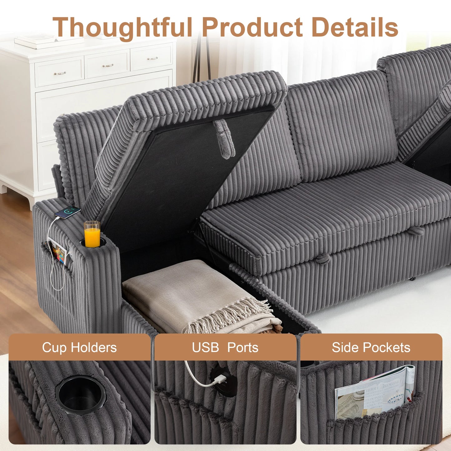 102" Plush Corduroy Sleeper Sofa Bed with Storage Chaise Sectional Couch,Pull Out U Shaped Bed with USB Ports for Living Room