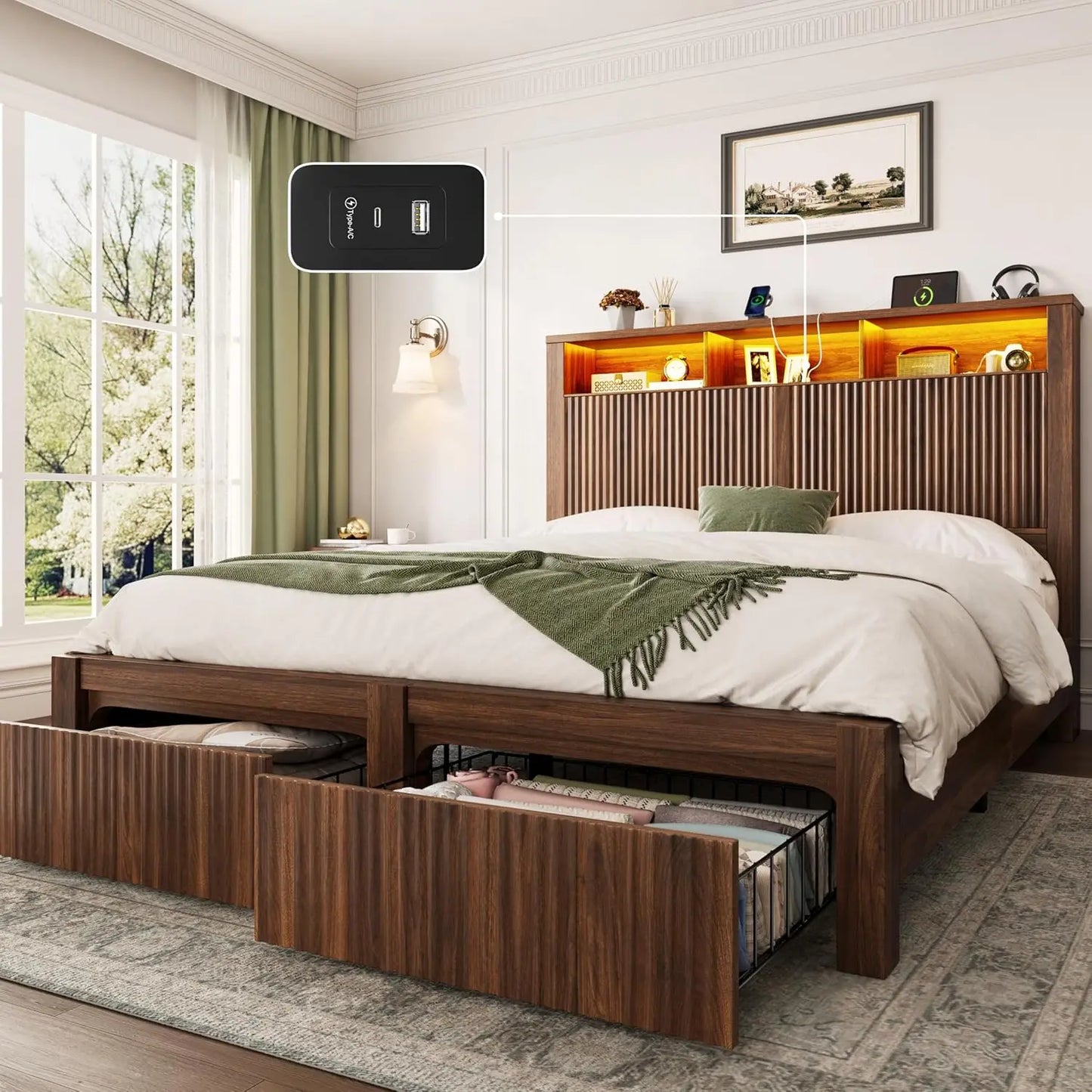 Bed Frame with Headboard and Storage Drawers, Bed Frame with LED Light and Charging Port, Wavy Wood Grain Design