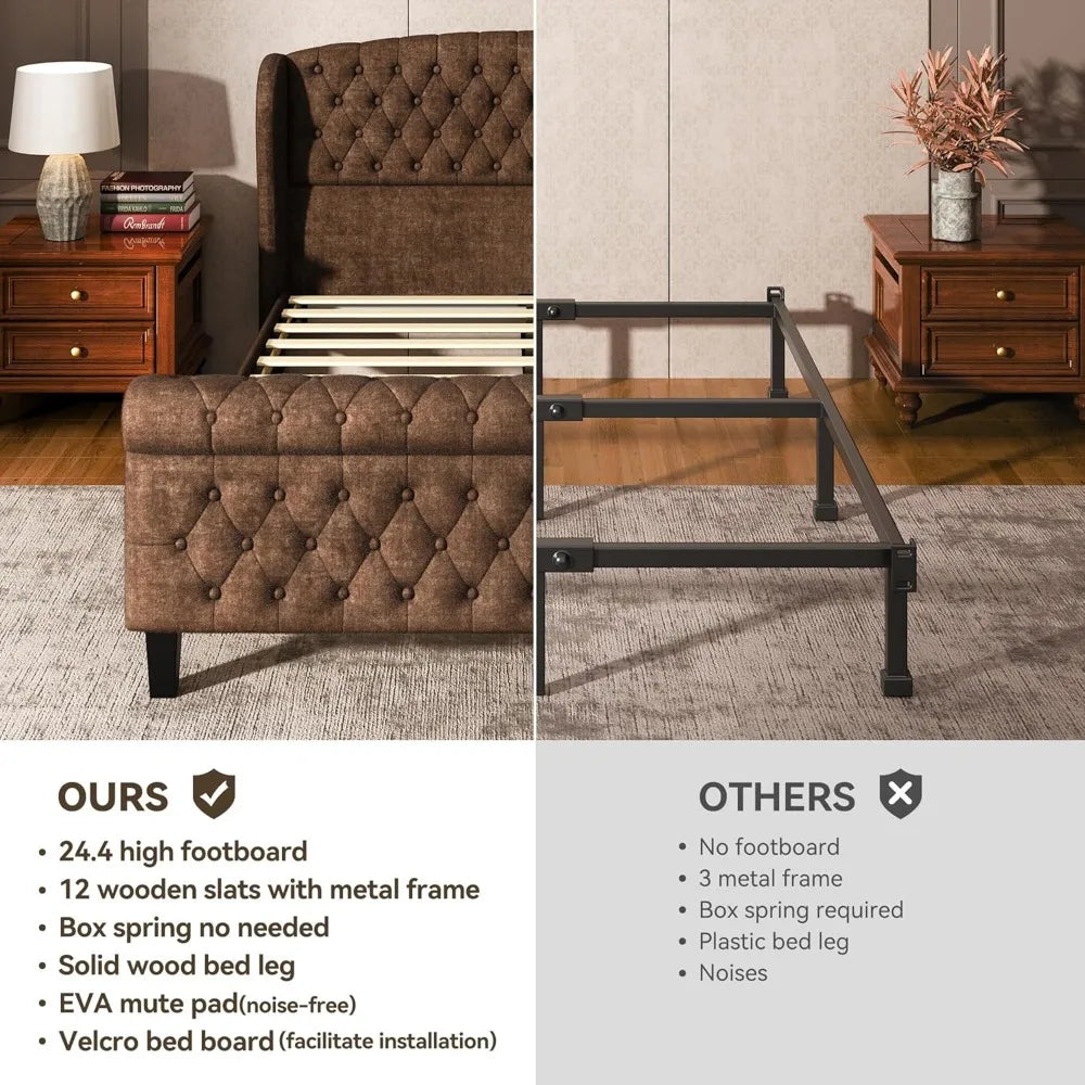 Queen Size Sleigh Bed Frame with Wingback Headboard, Chenille Upholstered Platform Bed Frame with Scroll Footboard,Customized