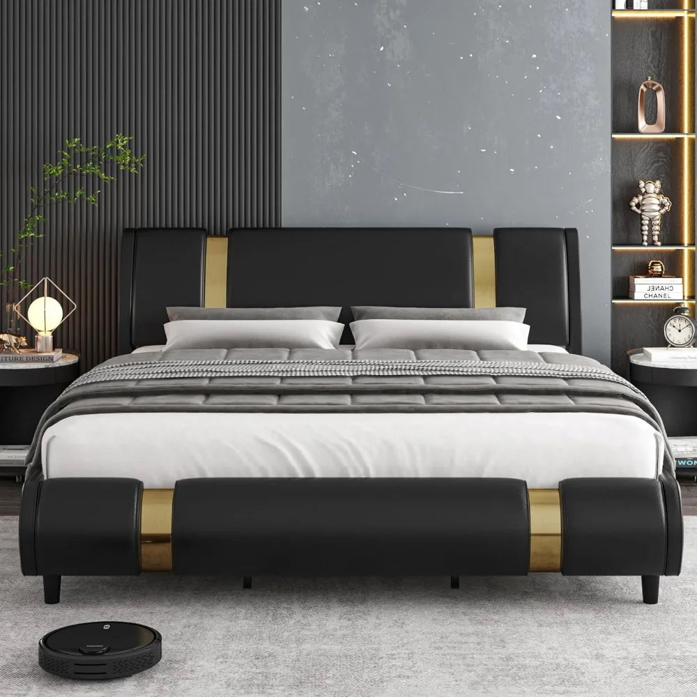 Faux Leather Upholstered Platform Bed Frame with Golden Iron Metal Decor, Adjustable Curved Headboard, Wooden Slats,Customized