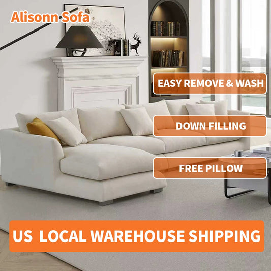 Cloud Down Filled Chaise Sofa Living Room Sofa L-shaped Recliner Sofa Comfortable Cloud Sofa Linen Sofa Removable Washable