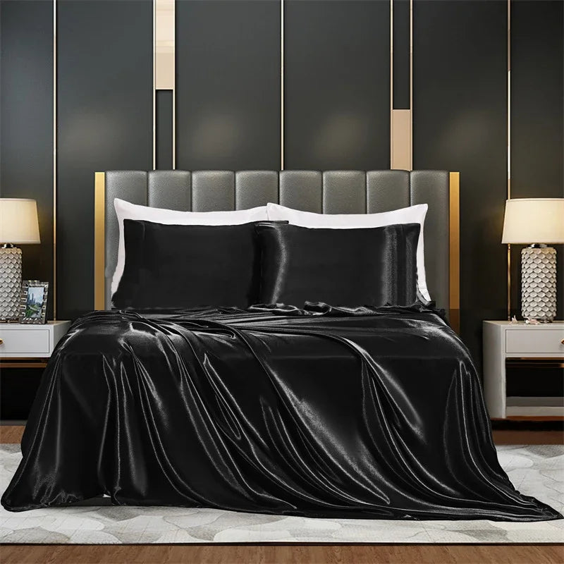 Summer Luxury Satin Silk-like Bed Sheet Set (Flat Sheet/Fitted Sheet + Pillowcase) Solid Color Mattress Cover Twin Full Queen