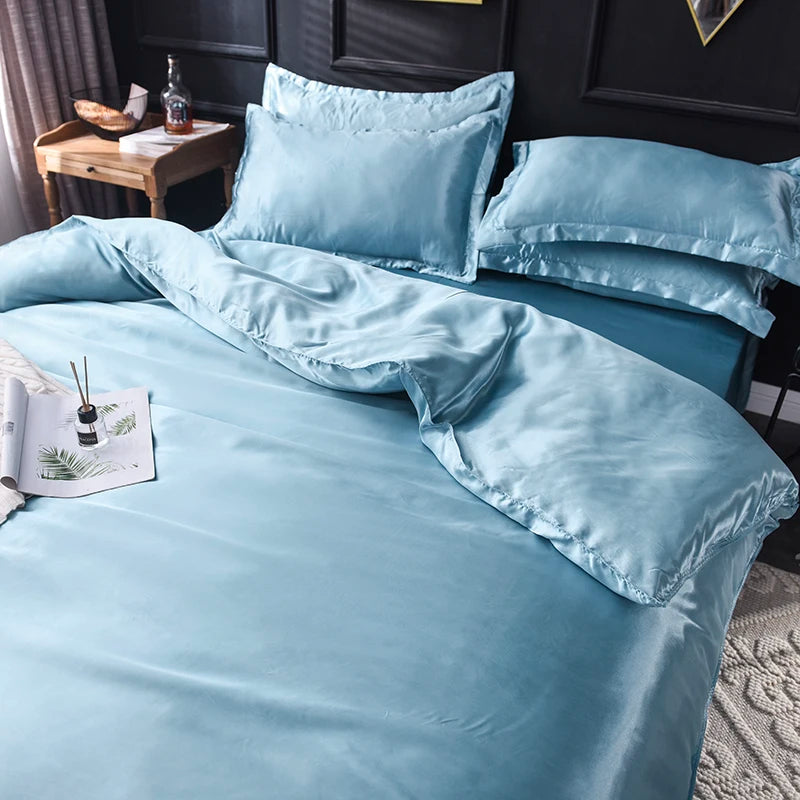 Solid Silk Bedding Set with Bed Sheet Duvet Cover Pillowcase Satin Single Couple Bedsheet King Queen Double Twin Size