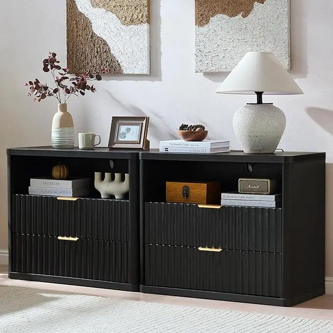 31" Wide Fluted Night Stand Set of 2 with Charging Station, Oversized Extra Large 2 Drawers Nightstand,Black Wood，Customized