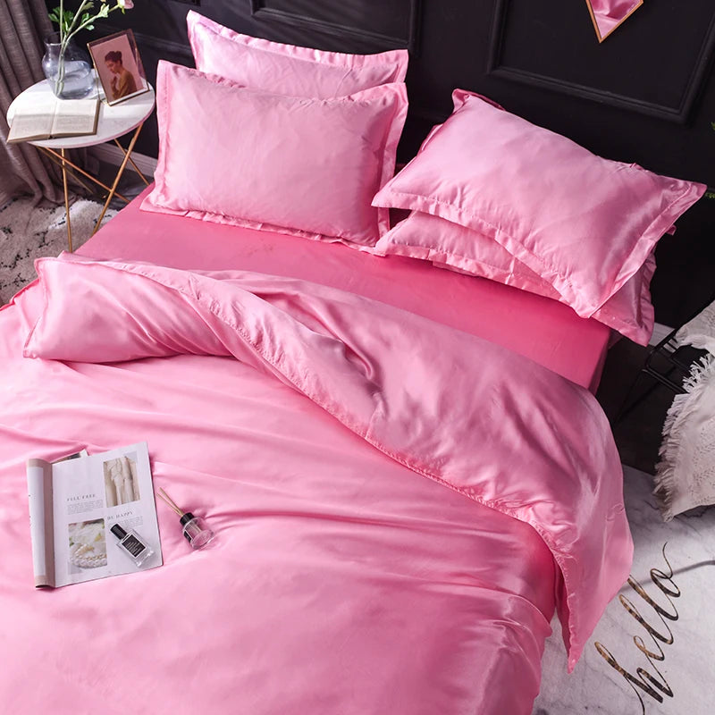 Solid Silk Bedding Set with Bed Sheet Duvet Cover Pillowcase Satin Single Couple Bedsheet King Queen Double Twin Size