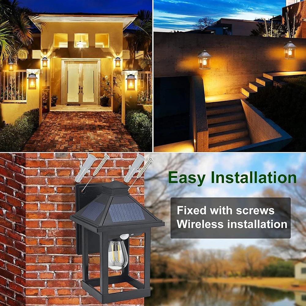 2pcs Solar Powered Wall Lanterns with 3 Modes Dusk to Dawn Motion Sensor LED Sconce Lights Exterior Front Porch Security Lamps