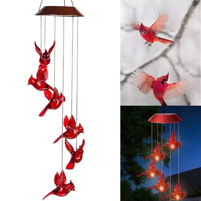 Windchimes Outdoors Creative Cardinal Wind Chimes Solar Hummingbird Wind Bell Red Bird Wind Lights With 6 LED Memorial Bird