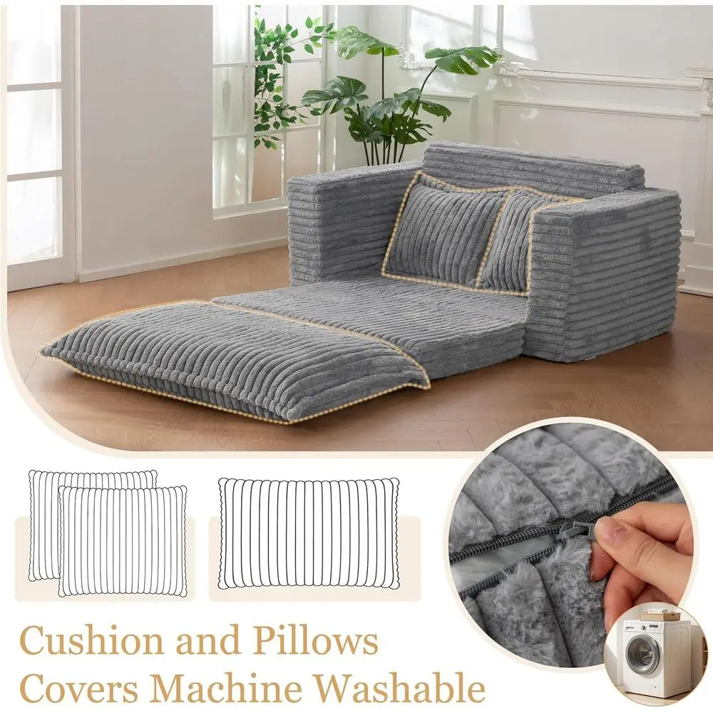 Sleeper Sofa, Convertible Sofa Bed Couch, Living Room, 3-in-1 Pull Out Floor Couch with Washable Cushion and Pillows, Grey