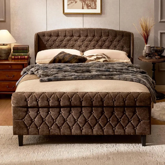 Queen Size Sleigh Bed Frame with Wingback Headboard, Chenille Upholstered Platform Bed Frame with Scroll Footboard,Customized
