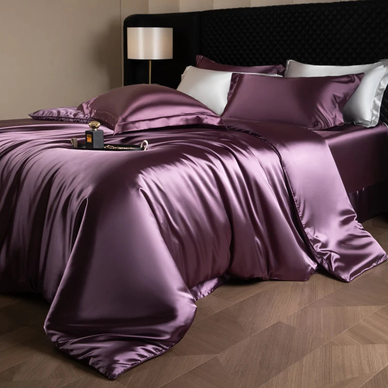 Silk Bed Sheets Set Luxury Bedding Set with Duvet Cover Fitted/Flat Bedheet Pillowcases Mixed with Rayon King Queen Full Twin