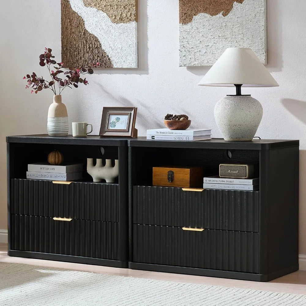 31" Wide Fluted Night Stand Set of 2 with Charging Station, Oversized Extra Large 2 Drawers Nightstand,Black Wood，Customized
