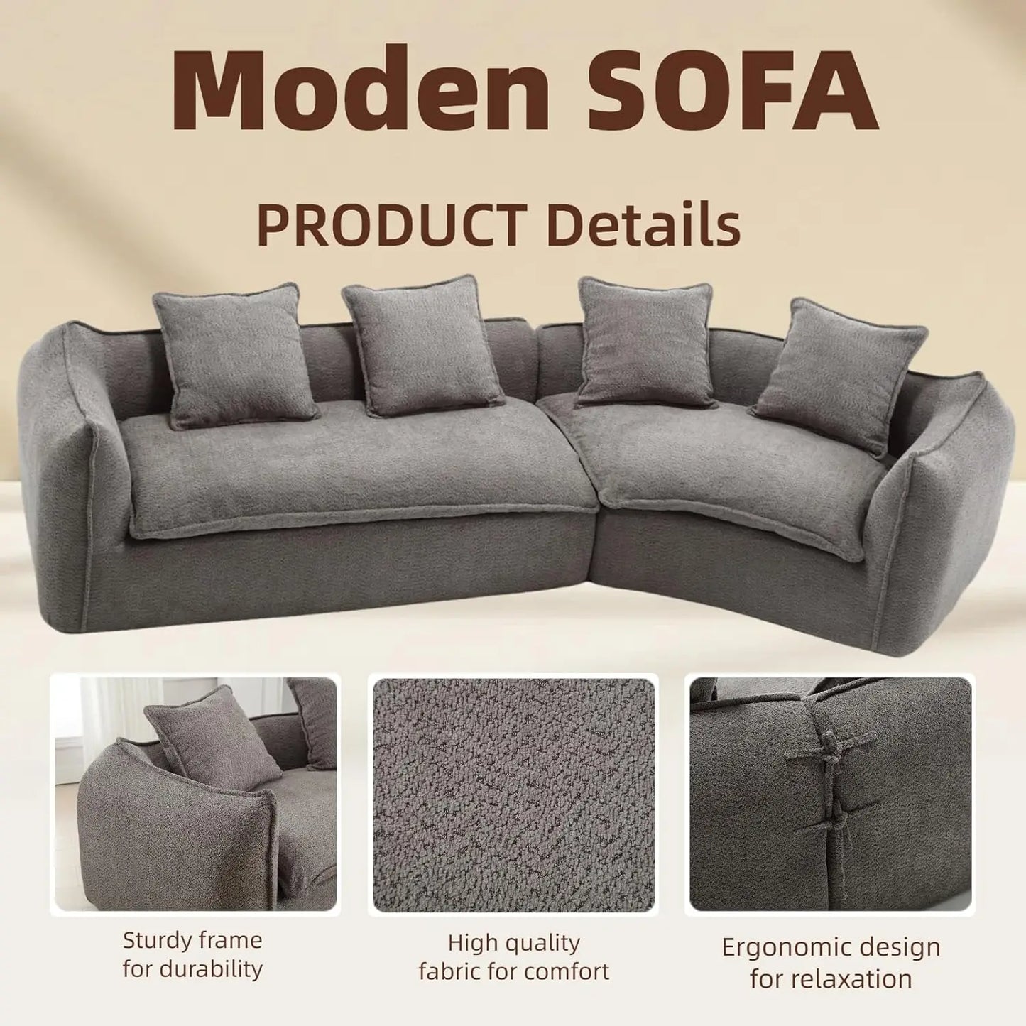 129.9" Modular Sectional Sofa with 4 Throw Pillow, Fabric Modern 5 Seat Round Shaped Convertible Sofa for Living, Customized